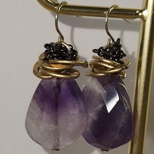 #2487, UNIQUE ARTISAN FACETED AMETHYST, TEAR DROP EARRINGS.